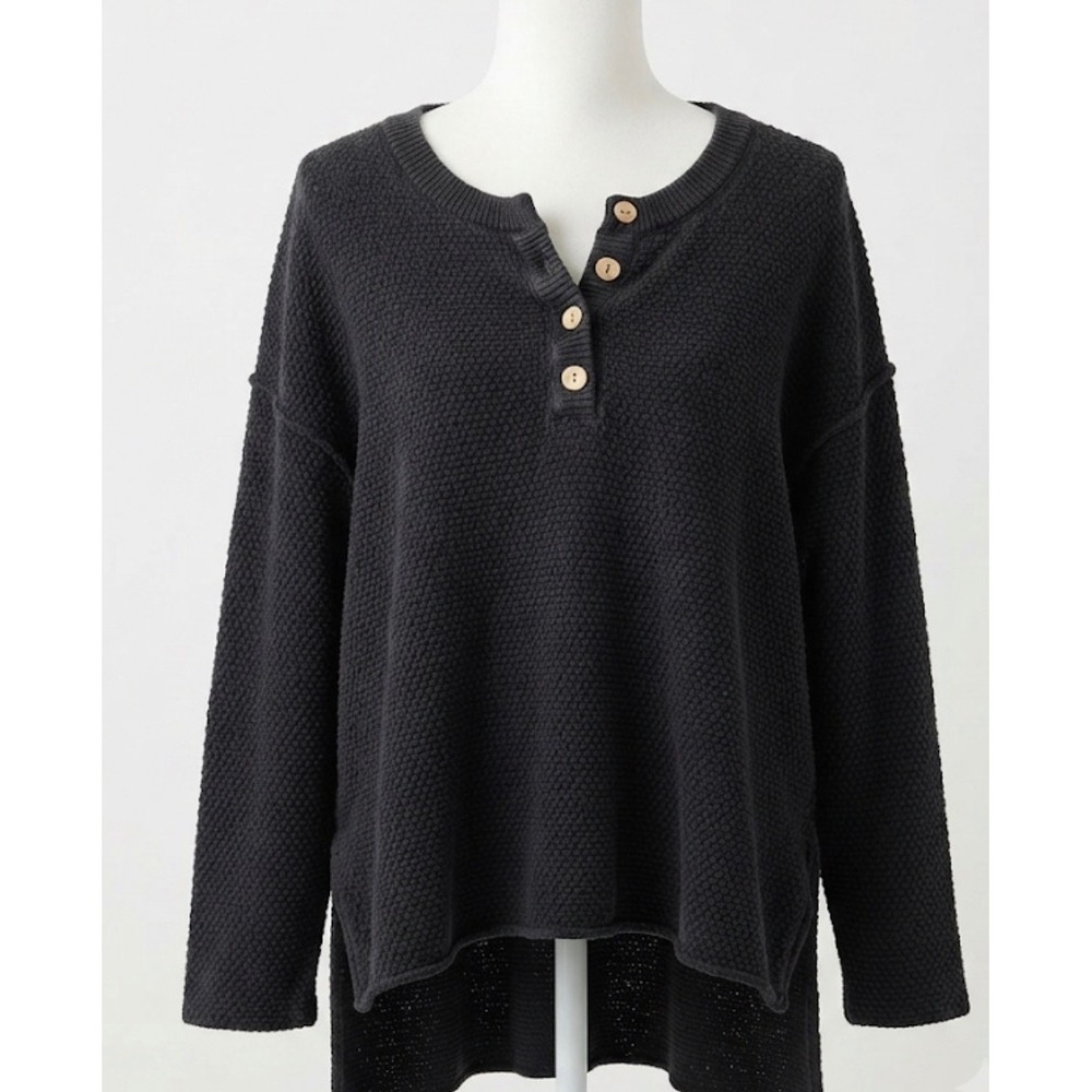 Free People FP Beach Hailee Sweater  L Henley Top Charcoal Boho Boxy Oversized